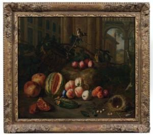 Nature Morte De Fruits, Legumes Et Oiseaux Sur Fond D'architecture by Pieter Snyers