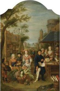 A Village Market Scene With Elegant Figures Near A Fish Stall by Pieter Snyers