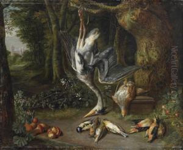 A Heron, A Quail, A Tit, A Robin, A Goldfinch, A Woodpecker, Akingfisher, A Sparrow And Another Bird In A Forest Landscape, Acastle Beyond - view 1