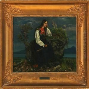 Norwegian Woman With A Wind Instrument Sitting On A Stone