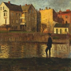 Autumn Scenery With Houses And A Man By A Lake by Axel Soeborg