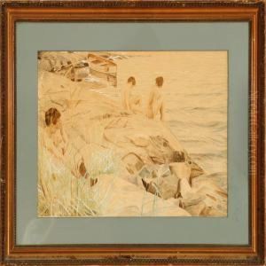 Three Naked Women On A Rock, Bornholm Island by Axel Soeborg