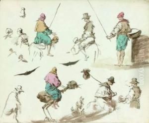Feuille D'etudes Avec Des Cavaliers Sur Des Animaux Fantastiques by Charles Frederic Soehnee