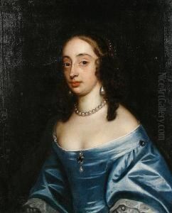 Portrait Of A Lady, Half-length, In A Blue Dress And Pearl Necklace