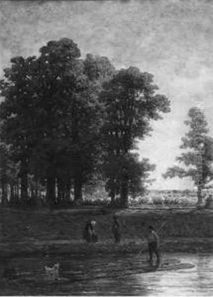 A Wooded Landscape With A Boy And His Dog On A Raft - view 1