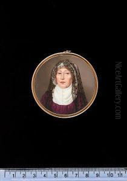 A Lady, Wearing Purple Dress With White Fill-in, White Mob Cap And Black Spotted Gauze Veil Trimmed With Lace. - view 1