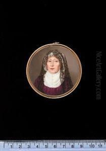 A Lady, Wearing Purple Dress With White Fill-in, White Mob Cap And Black Spotted Gauze Veil Trimmed With Lace. by Jean-Francois Soiron