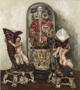 Bodegon (still Life Of Flowers In A Glass Dome And Ornaments) by Jose Gutierrez Solana