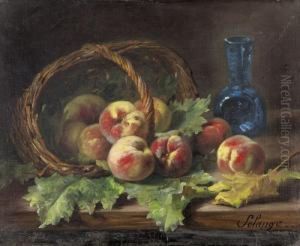 Stillleben Mit Pfirsichen In Weidenkorb Und Blauer Vase. by Marthe Solange