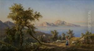 Veduta Di Capri Da Massa Lubrense Con Giovani Portatrici Di Limoni