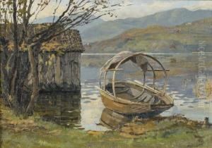 Herbstliche Seeuferpartie Mit Boot. by Achille Solari