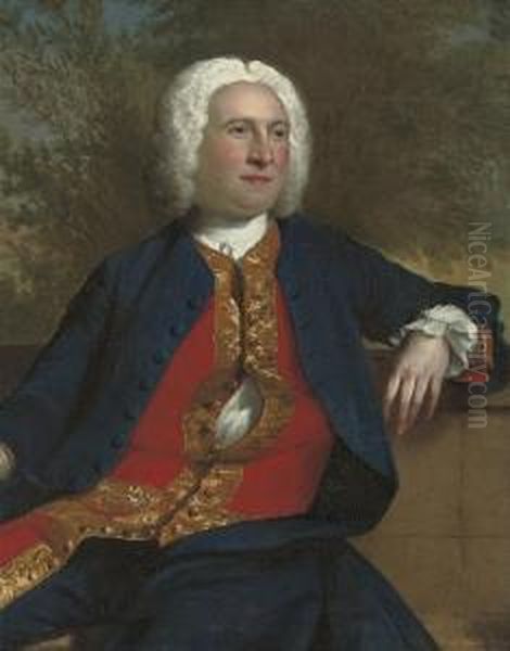 Portrait Of A Gentleman, Three-quarter-length, Seated, In A Navy Coat And Red Waist-coat With Gold Frogging, By A Stone Wall, In A Landscape - view 1