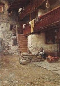 Farmhouse Courtyard With Decorative Figures