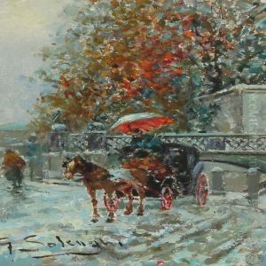 An Italian Cityscape With A Horsedrawn Carriage by Giuseppe Solenghi
