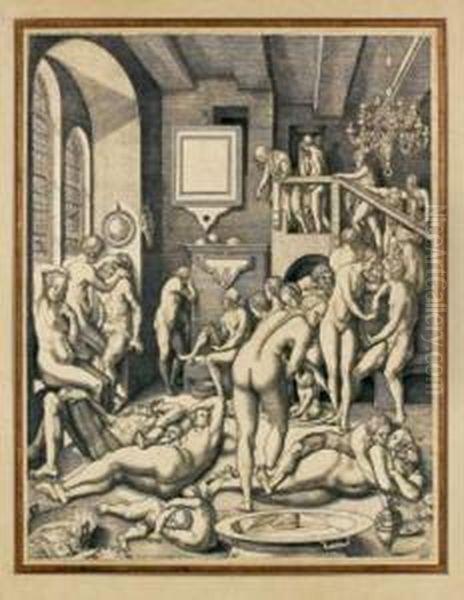 Un Bain Rempli D'hommes, De Femmes Et D'enfants Dit La Societe Des Anabaptistes, Burin D'apres H. Aldegrever, 338 X 285 Mm, Filet De Marge (bartsch 265, New Hollstein 205), Belle Et Rare Epreuve, Filigrane : Echelle Dans Un Cercle. Cadre. - view 1