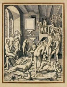 Un Bain Rempli D'hommes, De Femmes Et D'enfants Dit La Societe Des Anabaptistes, Burin D'apres H. Aldegrever, 338 X 285 Mm, Filet De Marge (bartsch 265, New Hollstein 205), Belle Et Rare Epreuve, Filigrane : Echelle Dans Un Cercle. Cadre.