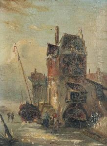 Bevroren Rivierlandschap Met Personages Bij Het Dorp by Louis Somers
