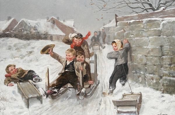 Winter Scene With Boys Sledging Downhill - view 1