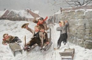 Winter Scene With Boys Sledging Downhill by Louis Somers