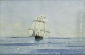A Corvette In Light Airs With Stunsails Set by Thomas Jacques Somerscales