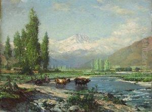 A Farmer And Oxen Fording The Aconcagua River