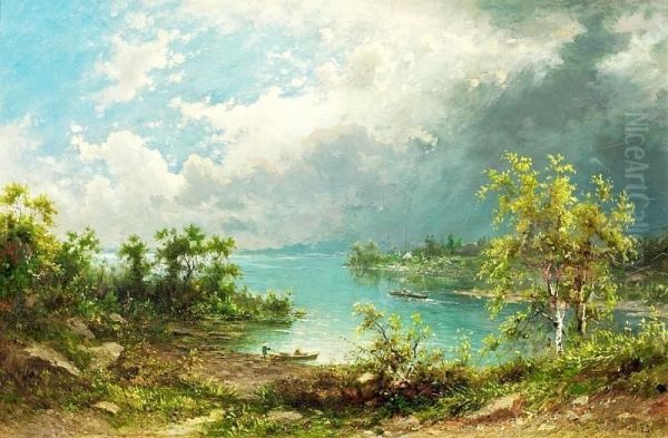 Landscape With Lake And Boats. Signed Sommer - view 1