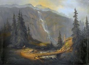 Gebirgspartie Mit Hirten Und Wasserfall