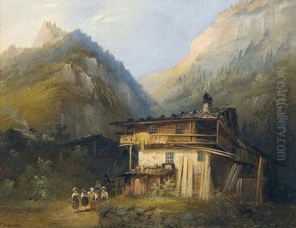 Sommerliche Bergpartie Mit Bauernhaus Und Schulkindern - view 1