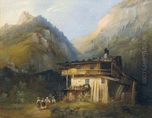 Sommerliche Bergpartie Mit Bauernhaus Und Schulkindern by Ferdinand Sommer