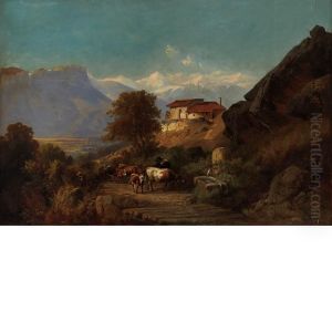 Drover And Cattle Along An Alpine Road by Otto Sommer