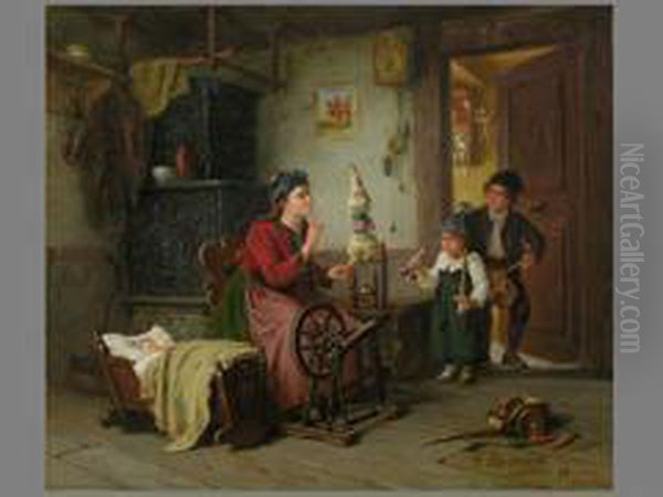 Familieninterieur Mit Frau Am Spinnrad - view 1