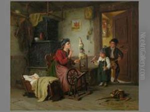 Familieninterieur Mit Frau Am Spinnrad