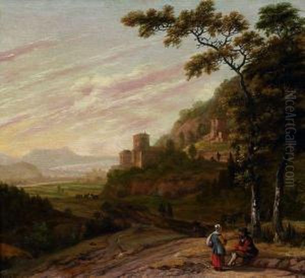 Paysans Discutant Dans Un Paysage Avec Un Chateau - view 1