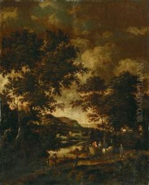 Bewaldete Flusslandschaft Mit Burg Und Bauern - view 1