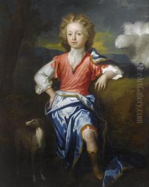 Portrait Of A Boy, Possibly James Stuart, The Old Pretender, Full-length, Standing, Wearing Classical Dress, A Hat With The Three Feathers Of The Prince Of Wales And His Hound Beside Him - view 1