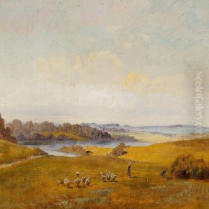 Summer Landscape With A Girl Herding Geese