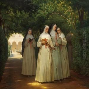 Nuns Walking In A Cloister Garden In Rome by Jorgen Valentin Sonne
