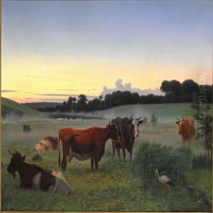 Cows And A Stork In A Field On An Early Summer Morning