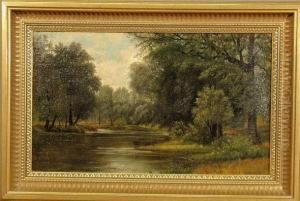 Summer Landscape Painting With Tree Lined Stream by William Louis Sonntag