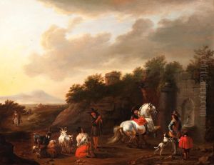 Travelers By A Fountain In An Italianised Landscape
