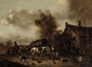 A Landscape With Horses And Riders Near A Tavern