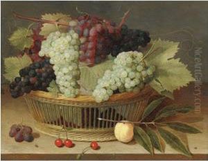 Still Life With Grapes On The Vine In A Basket, With Three Cherrieson The Wooden Tabletop Below