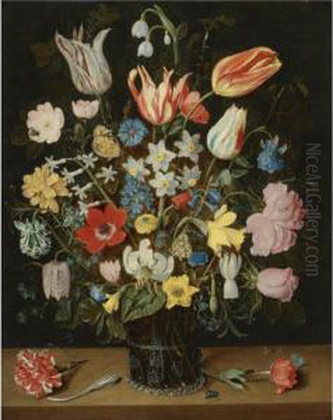 Still Life Of Roses, Tulips, A White Lily, Poppy Anemones,narcissi, Carnations, Columbine, Hyacinth, Snowdrop, Cyclamen,fritillary, Cornflower, Lily-of-the-valley, Crocus, Forget-me-notand Other Flowers, In A Glass Beaker On A Wooden Table Withbutterflies - view 1