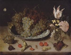 Grapes On A Blue And White Dish, And Flowers In A Roemer, With Cherries, Hazelnuts And Blackberries Strewn On A Ledge