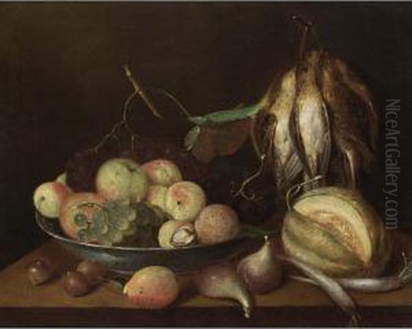 A Still Life Of Apples, Black And White Grapes And A Walnut In A Porcelain Bowl, Together With Chestnuts, A Pear, Figs, Turnips And A Melon, All On A Table With A Bunch Of Snipes Hanging On A Nail - view 1