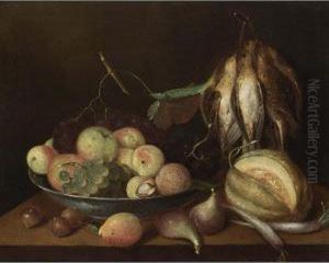 A Still Life Of Apples, Black And White Grapes And A Walnut In A Porcelain Bowl, Together With Chestnuts, A Pear, Figs, Turnips And A Melon, All On A Table With A Bunch Of Snipes Hanging On A Nail by Peter Soreau