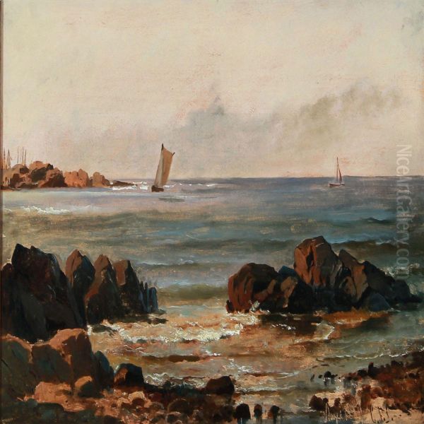Coastal Scape With A Sailing Boat Near Rocks - view 1