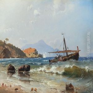 Coastal Scape With A Sailing Ship Near The Shore, Italian by C. F. Sorensen
