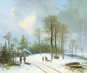 Figures On A Snow-covered Forest Path by Acobus Loernsz. Sorensen