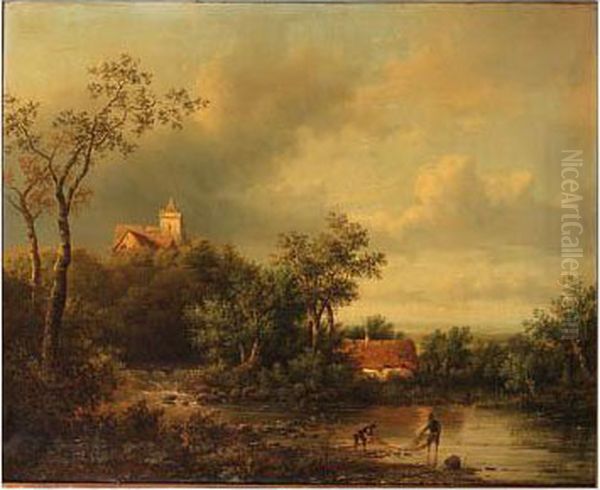 A Wooded Landscape With Fishermen Inspecting Their Nets On The Bankof A Creek, A Castle Beyond - view 1